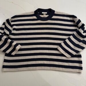MONKI Oversized Striped Knit Sweater Crewneck Navy Cream Cotton XL